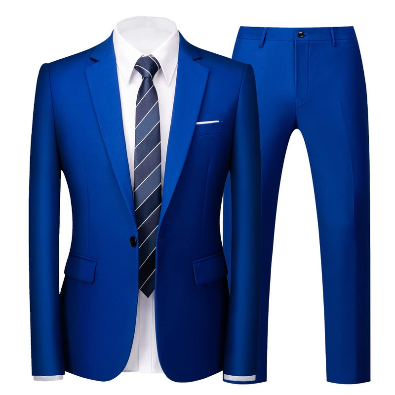 UNINUKOO Mens Suit Slim Fit 1 Button 2 Piece Wedding Party Holiday Solid Color Tux Suits for Men US Size 32 Colored Blue - Image 1